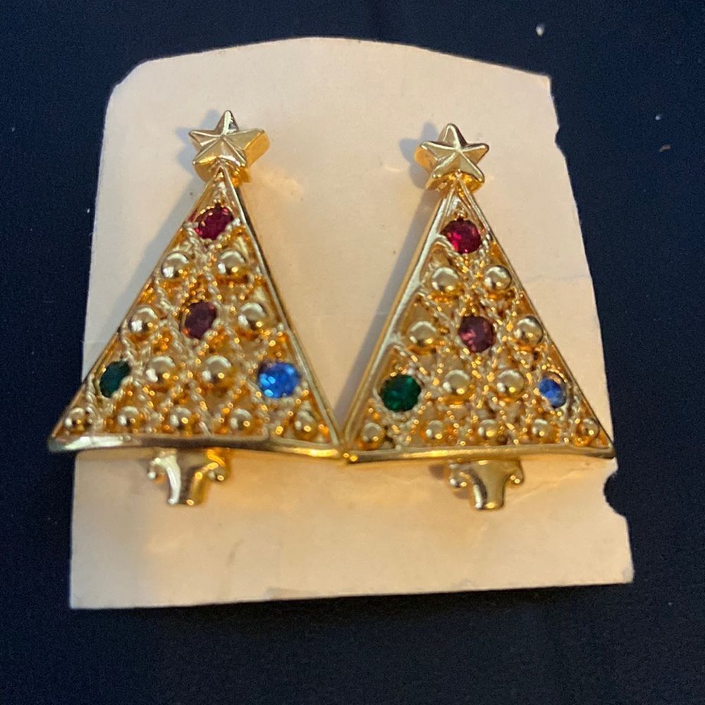 Vintage Gold Tone Rhinestone crystal Christmas Tree Earrings